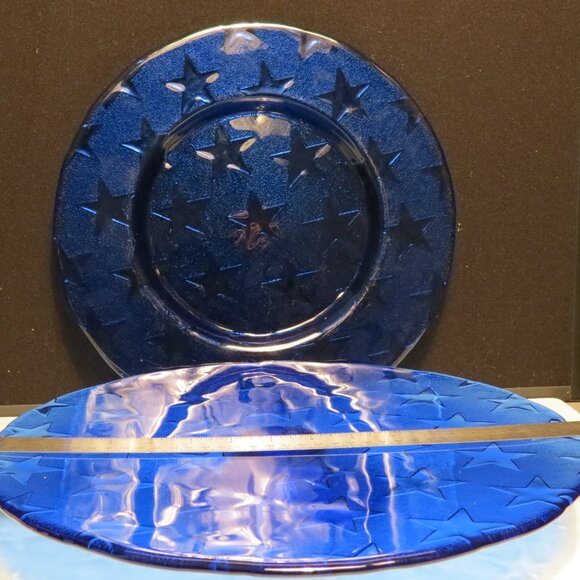 Set of 2 Royal Blue Pressed Glass Display Plates with Stars/Large